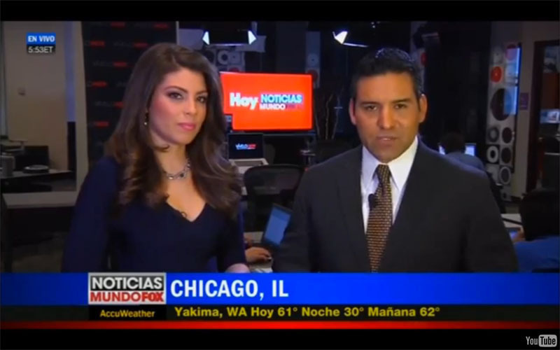 Nicole Suarez, anchor for Hoy Noticias MundoFox 13, co-hosted the national news from the Hoy newsroom in Chicago alongside Rolando Nichols, anchor for Noticias MundoFox Network.