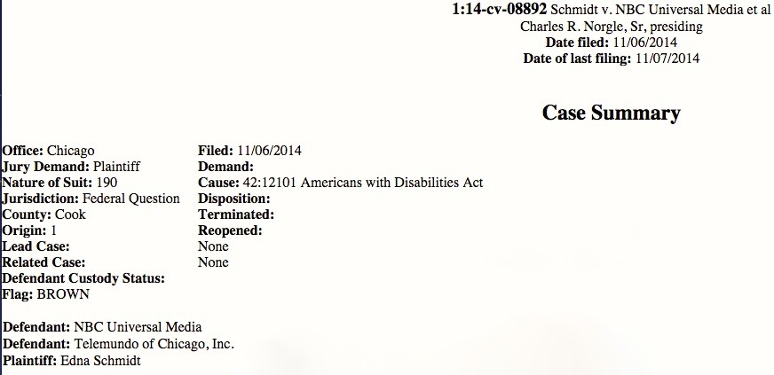 Edna Schmidt's lawsuit against Telemundo Chicago and NBC Universal was filed Thursday in federal court.